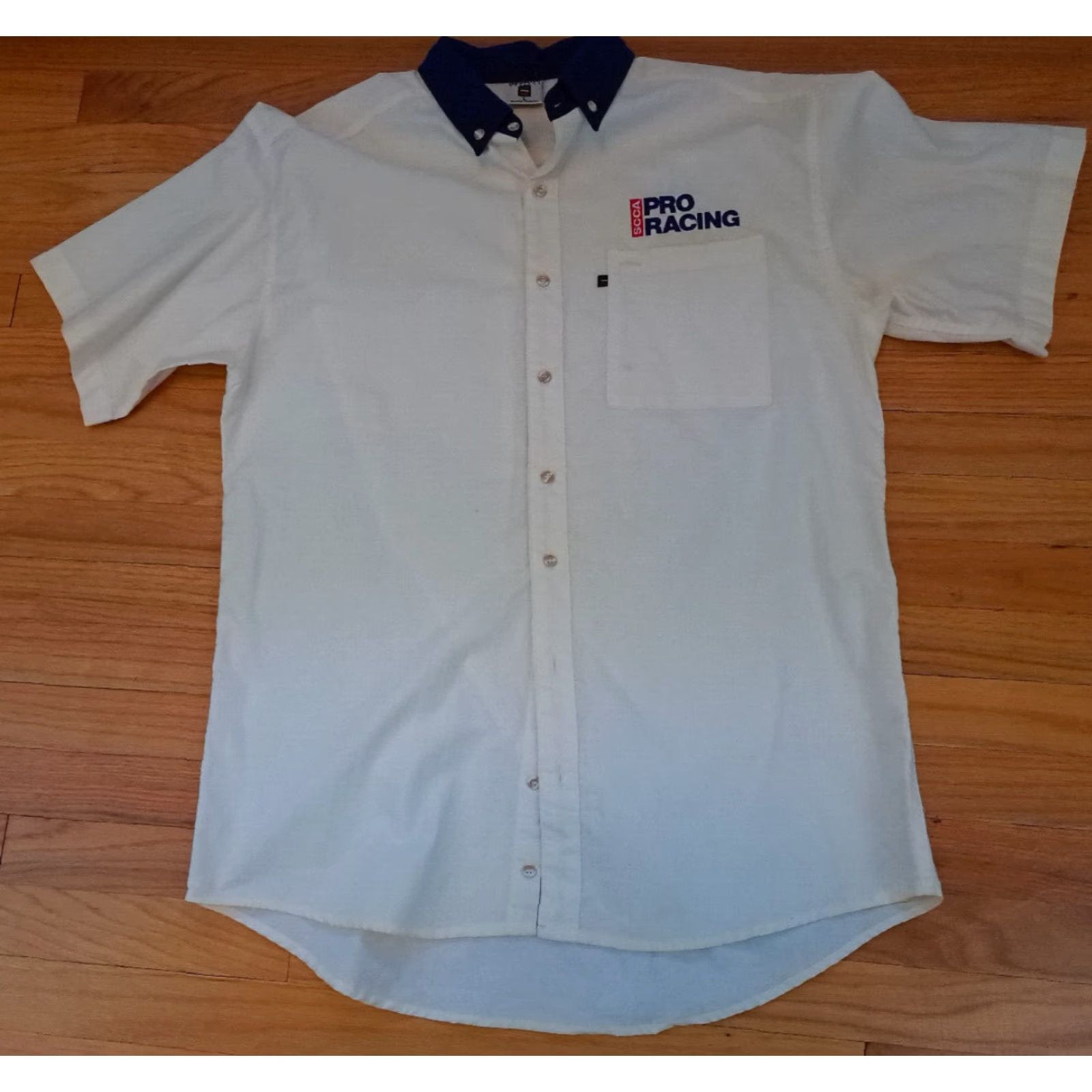 4SDESIGNS Exquisite Designs SCCA Pro Racing Embroidered Button-Up Shirt L USA Cotton Short Sleeve Cream Budget Canvas Mens Large — Shirt Size US L / EU 52-54 / 3 - 2 Thumbnail