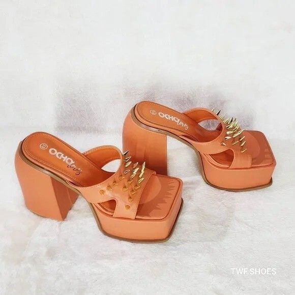 Other Orange Slip On Square Open Toe Chunky Platform Sandals Spike Size US 6.5 / IT 36.5 - 6 Thumbnail