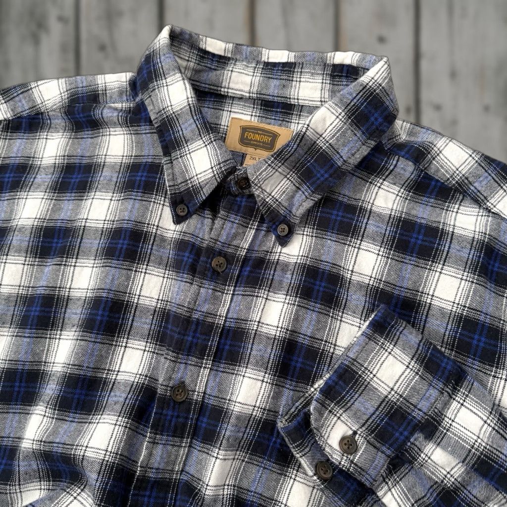 Vintage Foundry Flannel Shirt Mens 2XLT Big Tall Blue White Plaid Long Sleeve Button-Up Shirt Size US XXL / EU 58 / 5 - 1 Thumbnail