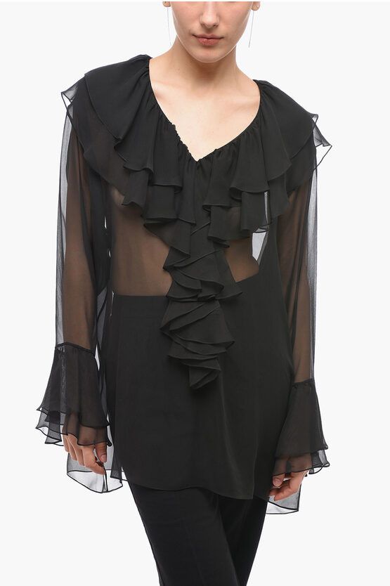 image of Ami Og1Mm0524 Silk Sheer Blouse In Black, Women's (Size XS)