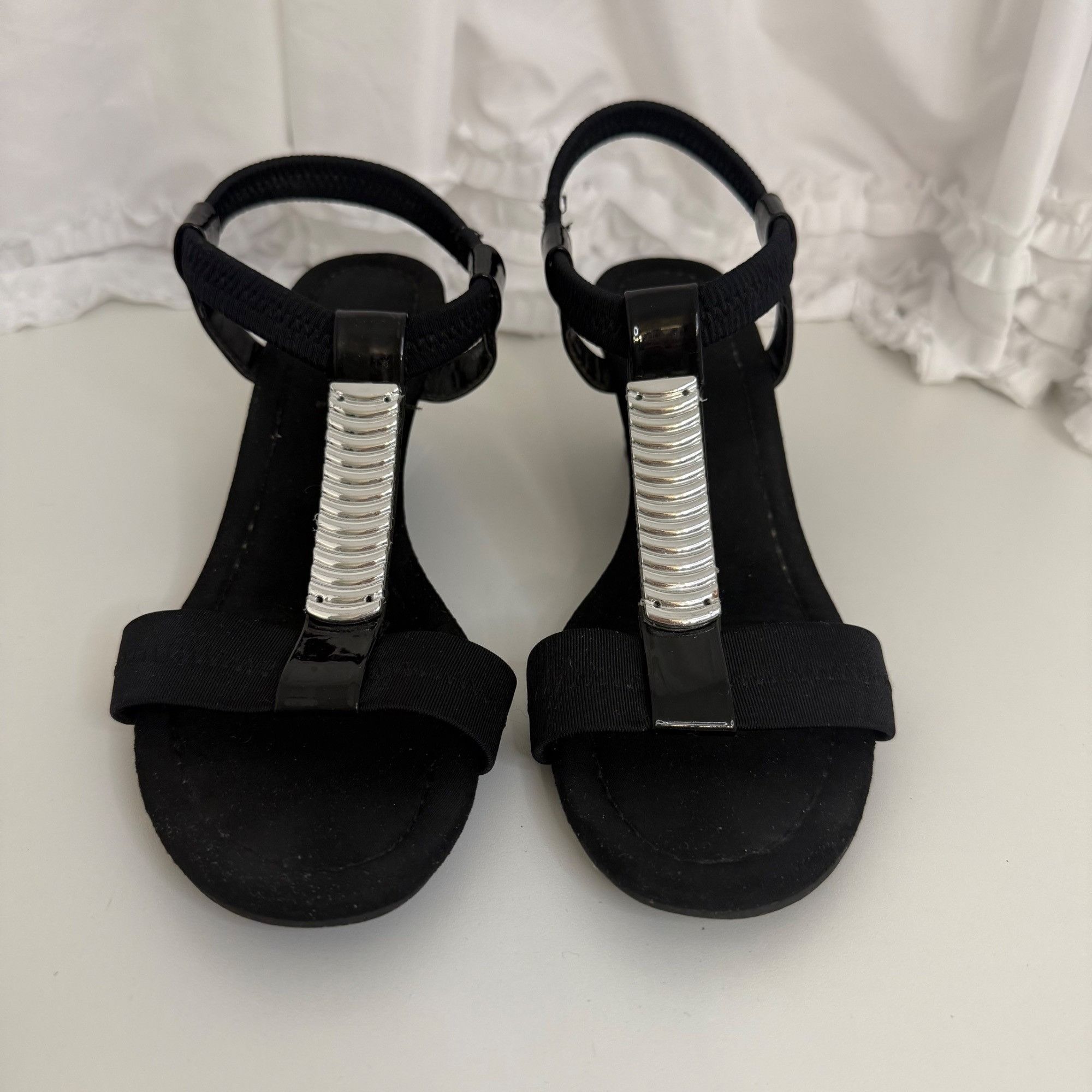 Other Laura Scott Black Wedge Sandals With Silver Accent & Elastic Size US 9 / IT 39 - 2 Thumbnail