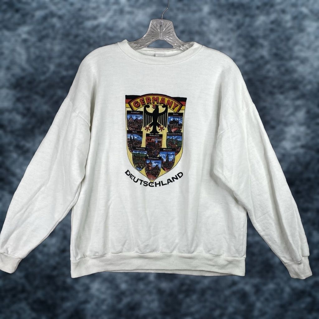 Vintage VINTAGE Deutschland Germany Men's Sweatshirt M/L White Graphic Print 80s 90s Travel Pullover Crew Neck Cotton Blend Fleece Size US M / EU 48-50 / 2 - 1 Thumbnail