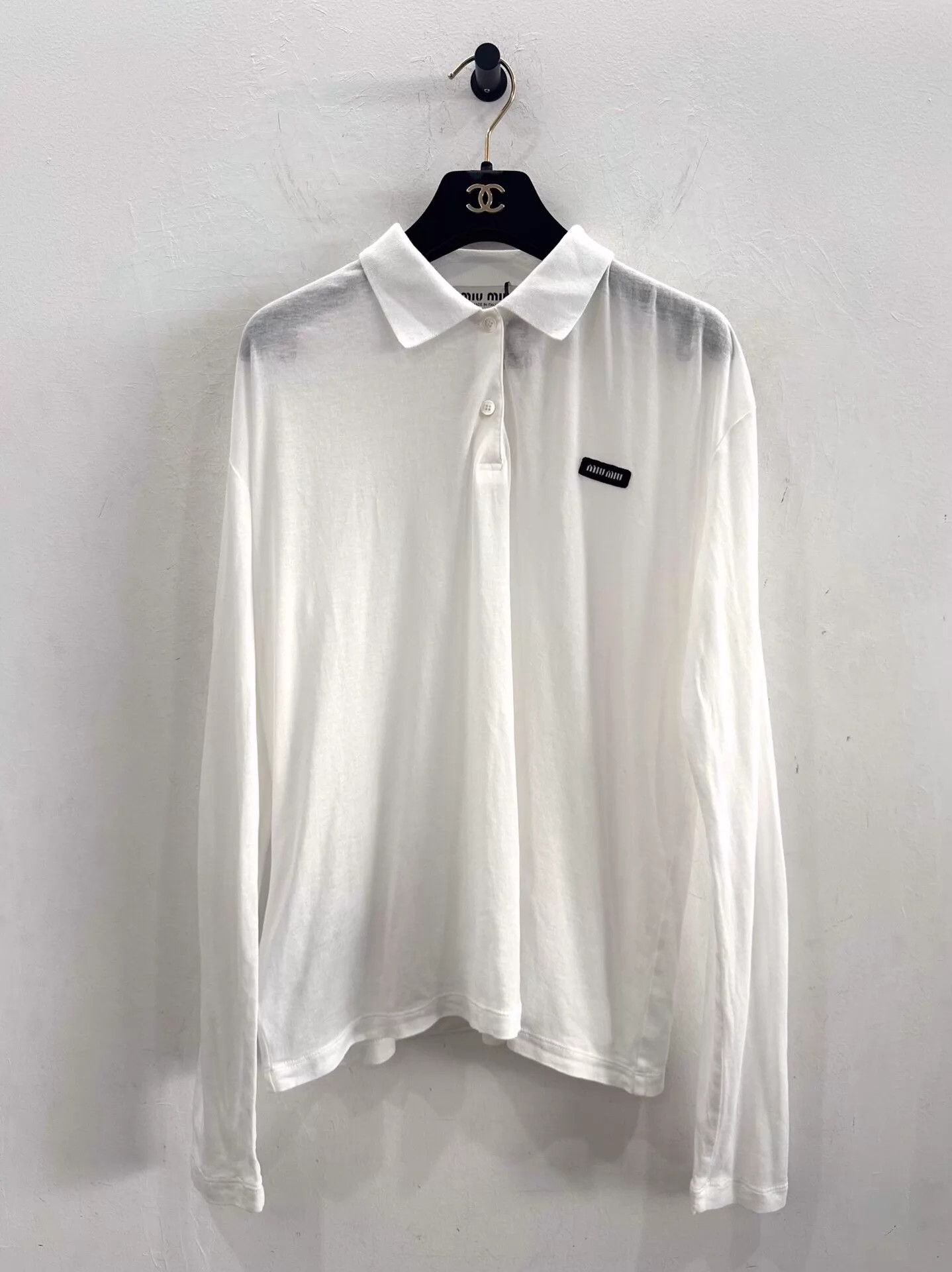 Miu Miu MIU MIU Women's White Longsleeve Polo Shirt Black Logo S Size S / US 4 / IT 40 - 1 Thumbnail
