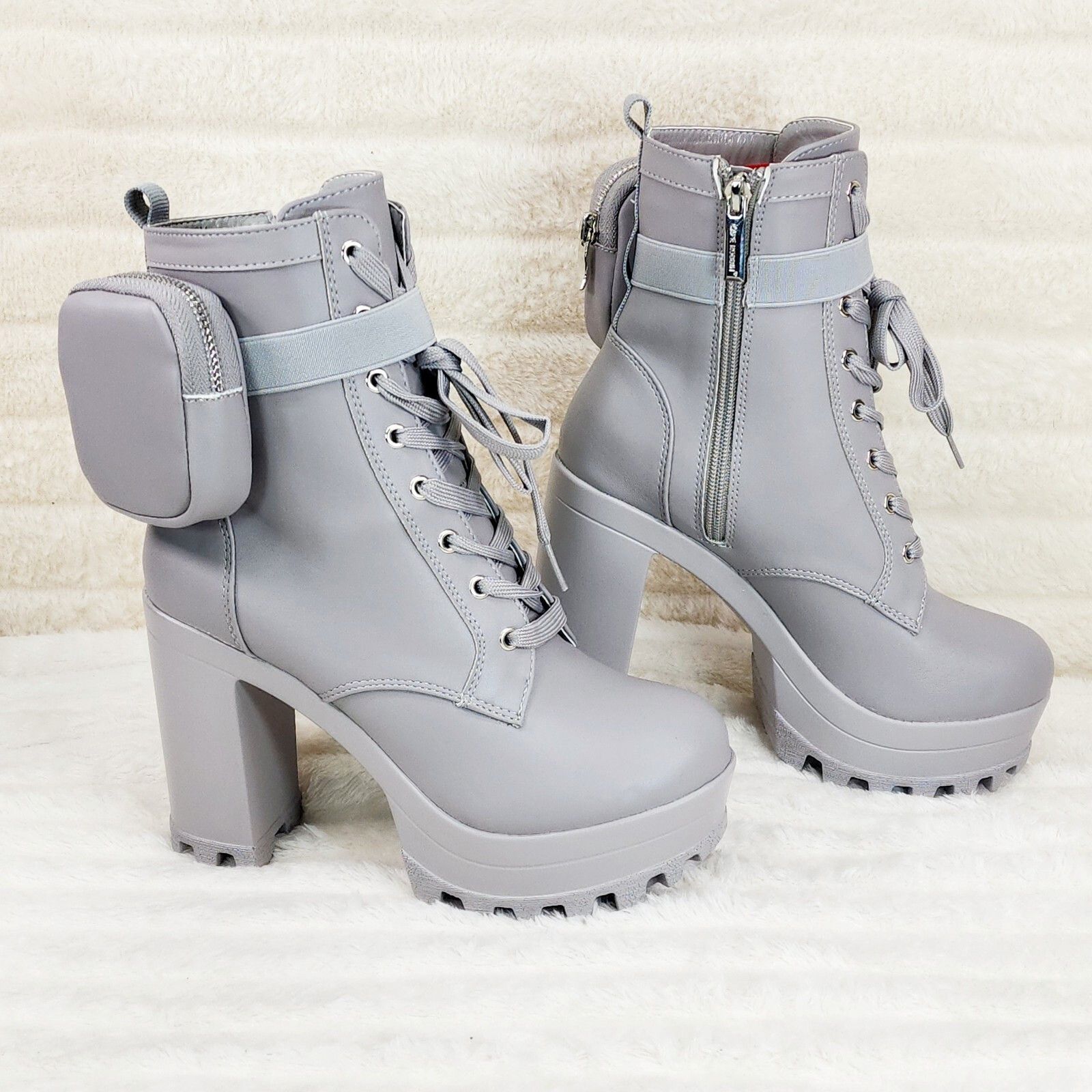 Other Secrets Grey Chunky Block Heel Side Purse/Pouch Ankle Boots Size US 10 / IT 40 - 3 Thumbnail
