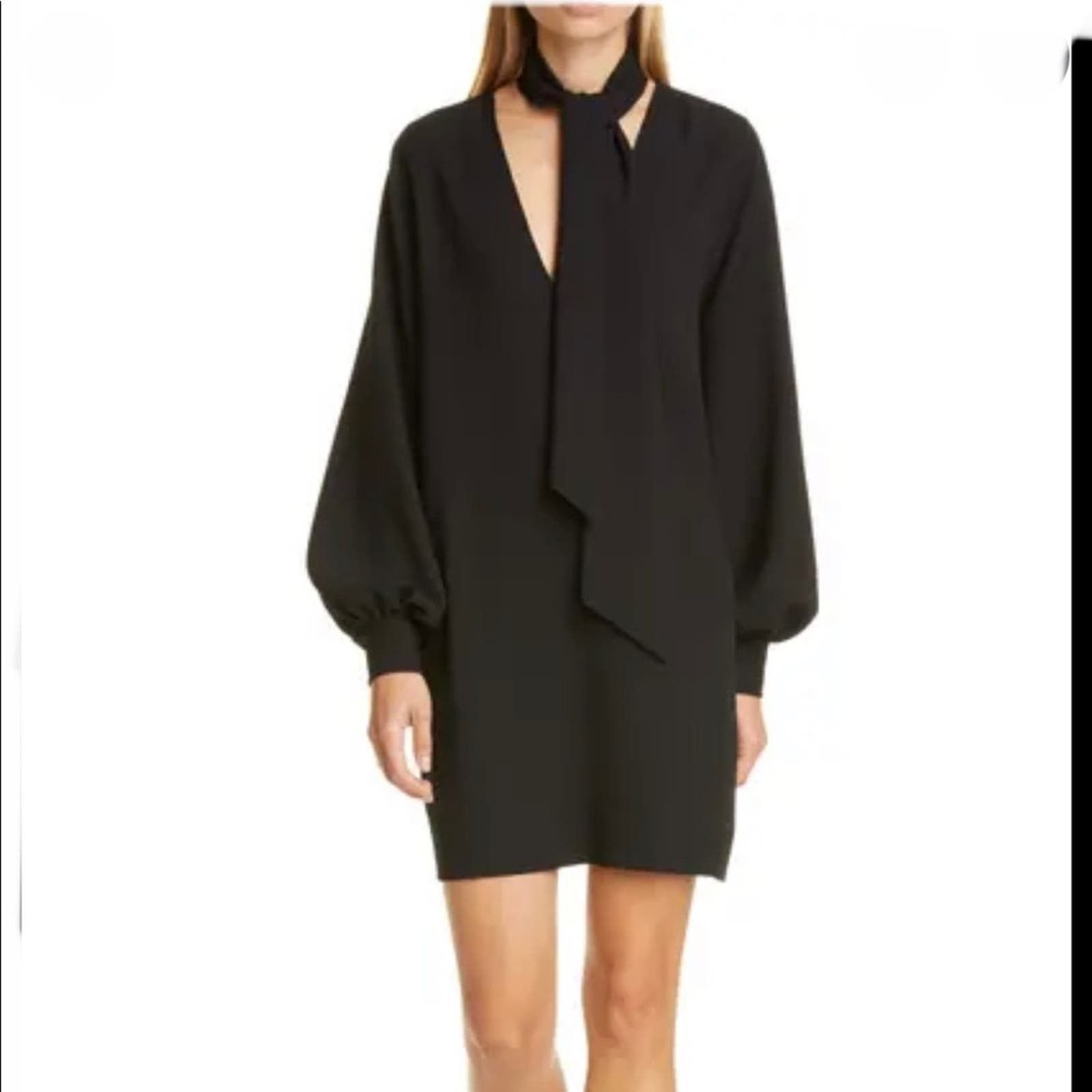 image of Ganni Long Sleeve Crepe Black Mini Dress With Neck Tie 2, Women's (Size XS)