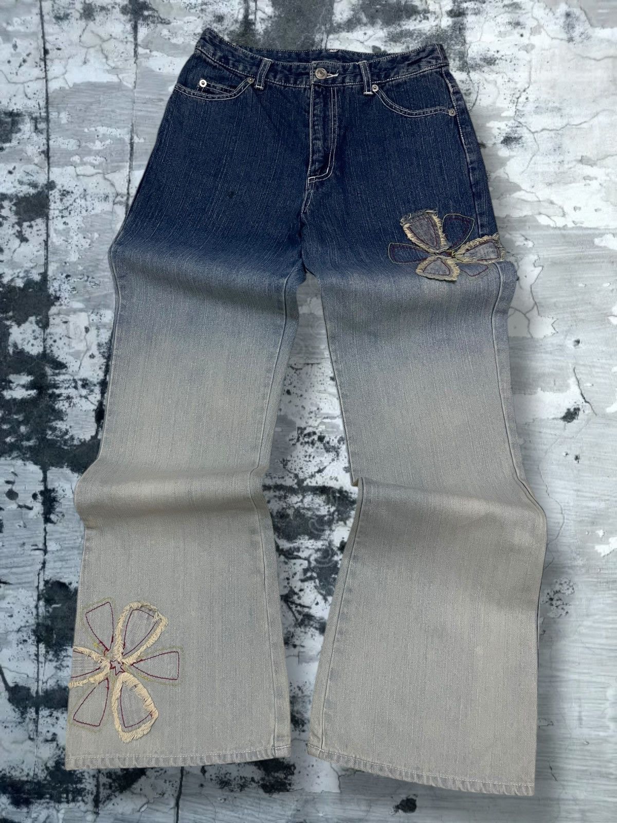 Vintage 90s Japan Designer Design Flower Flared Summer Denim