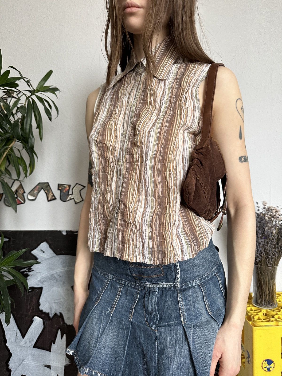Japanese Brand × Vintage Striped Collared Crinkle Ruffle Blouse Top Cottage 00s Size XL / US 12-14 / IT 48-50 - 3 Thumbnail