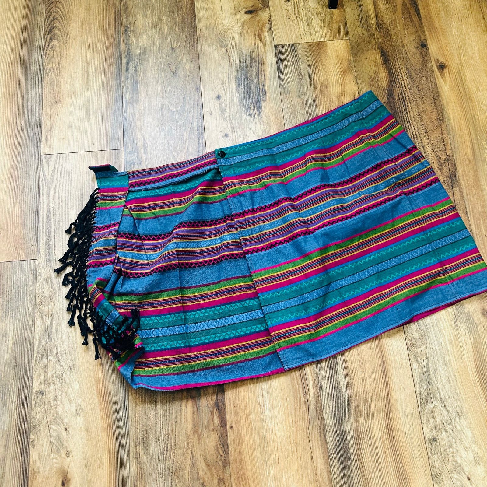Vintage 90s Vintage Boho Mini Skirt Striped Fringe Cotton Large Size 31" - 8 Thumbnail