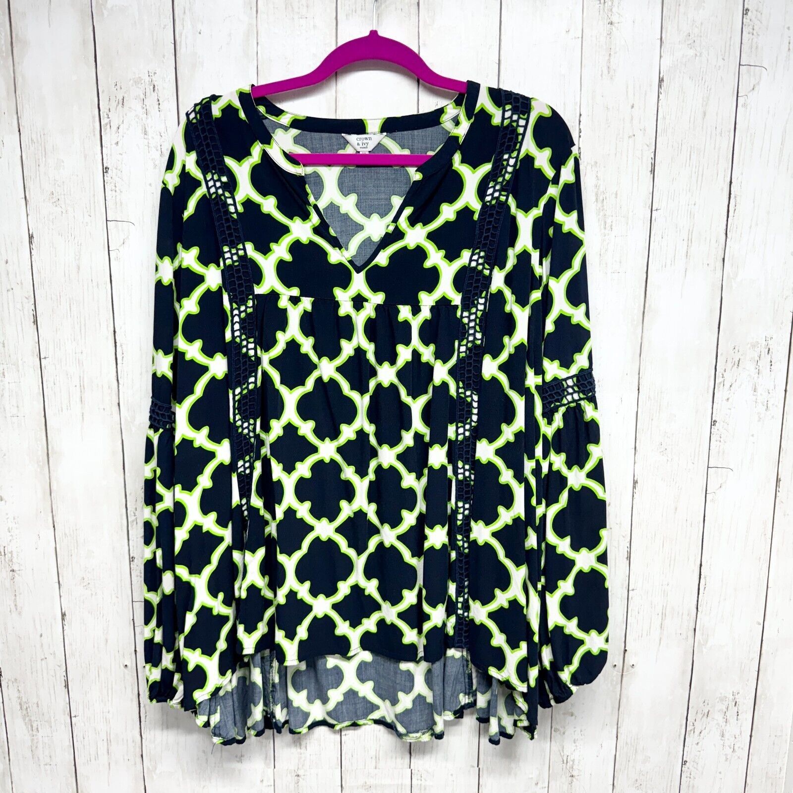 Other Crown & Ivy 3X Top Navy Blue Green Shirt Blouson Sleeves Size 3XL / US 20-22 - 1 Thumbnail