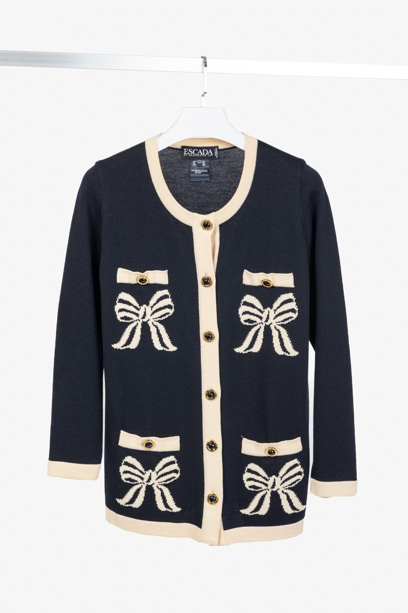 Escada Escada by Margaretha Ley Navy Wool-Knit Bow Button Cardigan Size S / US 4 / IT 40 - 1 Thumbnail
