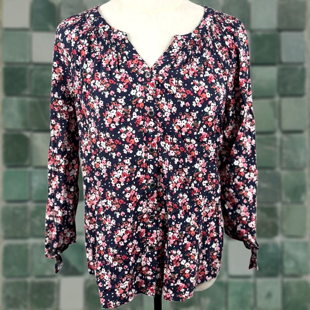 Pinko VINTAGE Westport Women Blouse Navy Pink Floral Smocked Tie Cuff Rayon EUC Size S / US 4 / IT 40 - 1 Thumbnail