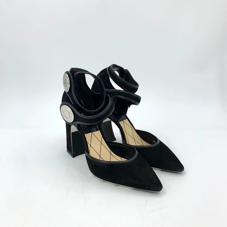 Louis Vuitton Louis Vuitton Black suede pointed-toe buckled chunky heels Size US 7 / IT 37 - 2 Thumbnail