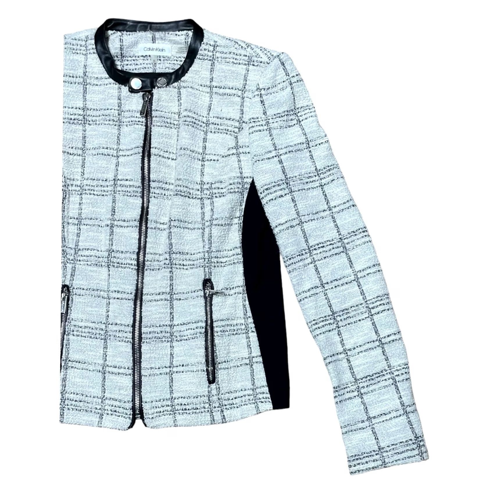 Calvin Klein Calvin Klein Blazer Women’s White & Black Plaid Shimmer Sz 6 Full Zip No Collar Jacket Size M / US 6-8 / IT 42-44 - 3 Thumbnail