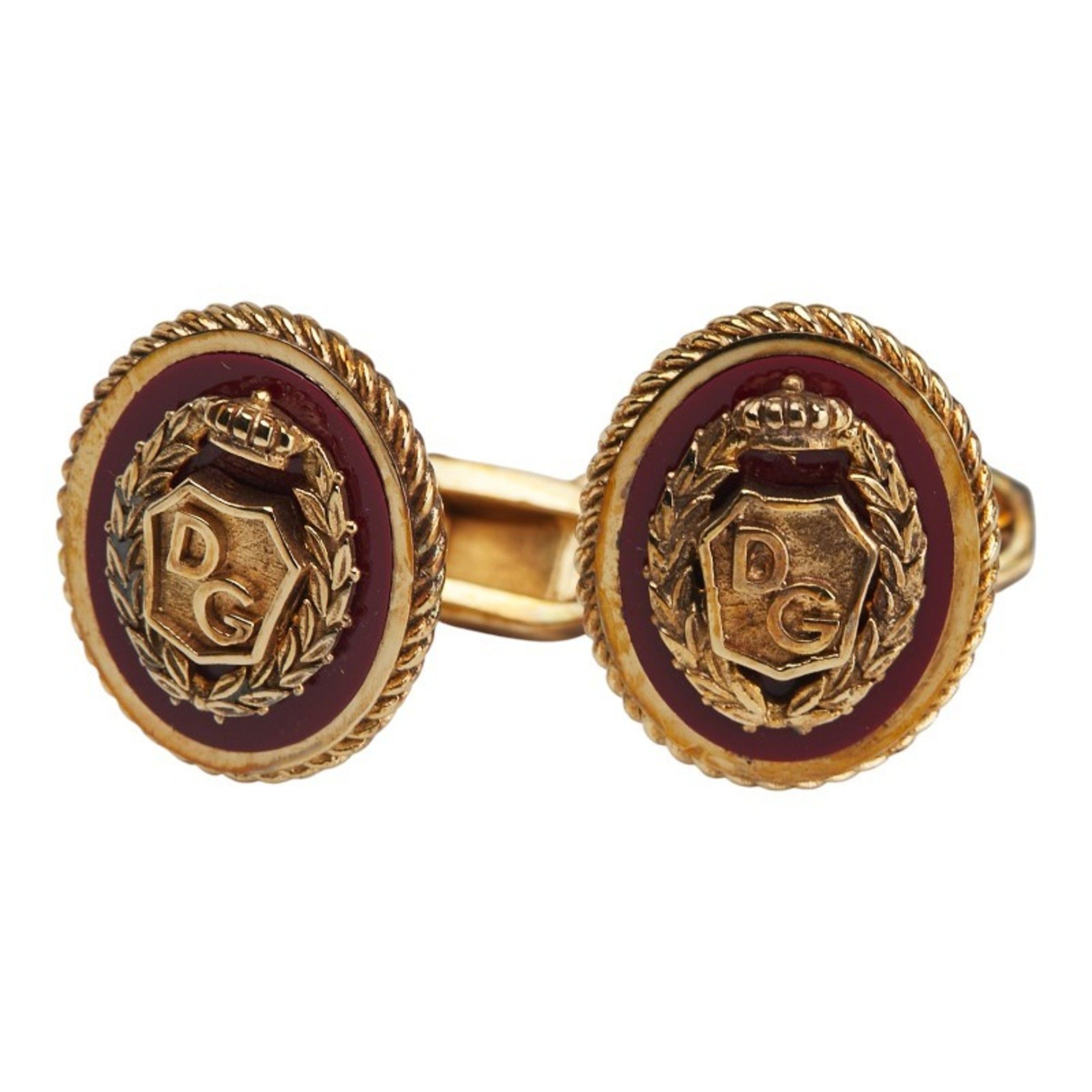 Dolce & Gabbana DG logo oval motif cufflinks in gold and red plating for men.