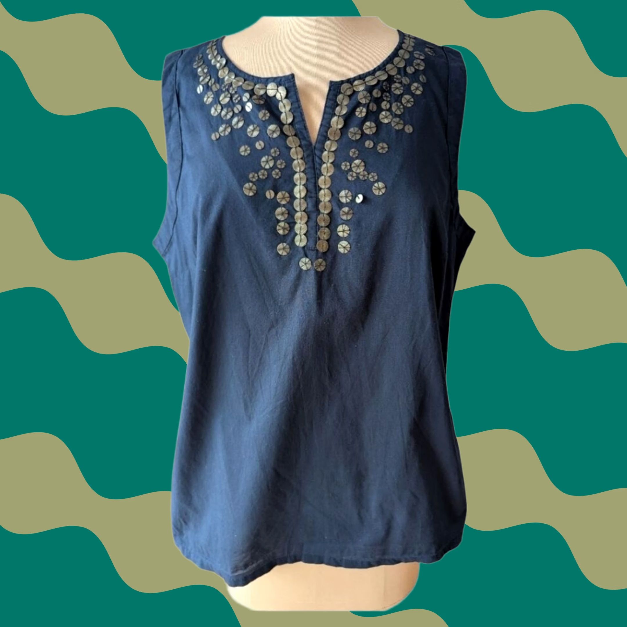 Vintage Navy Blue 100% Cotton Sleeveless Embellished Split Neck Top Quiet Luxury Sz L Size M / US 6-8 / IT 42-44 - 1 Thumbnail