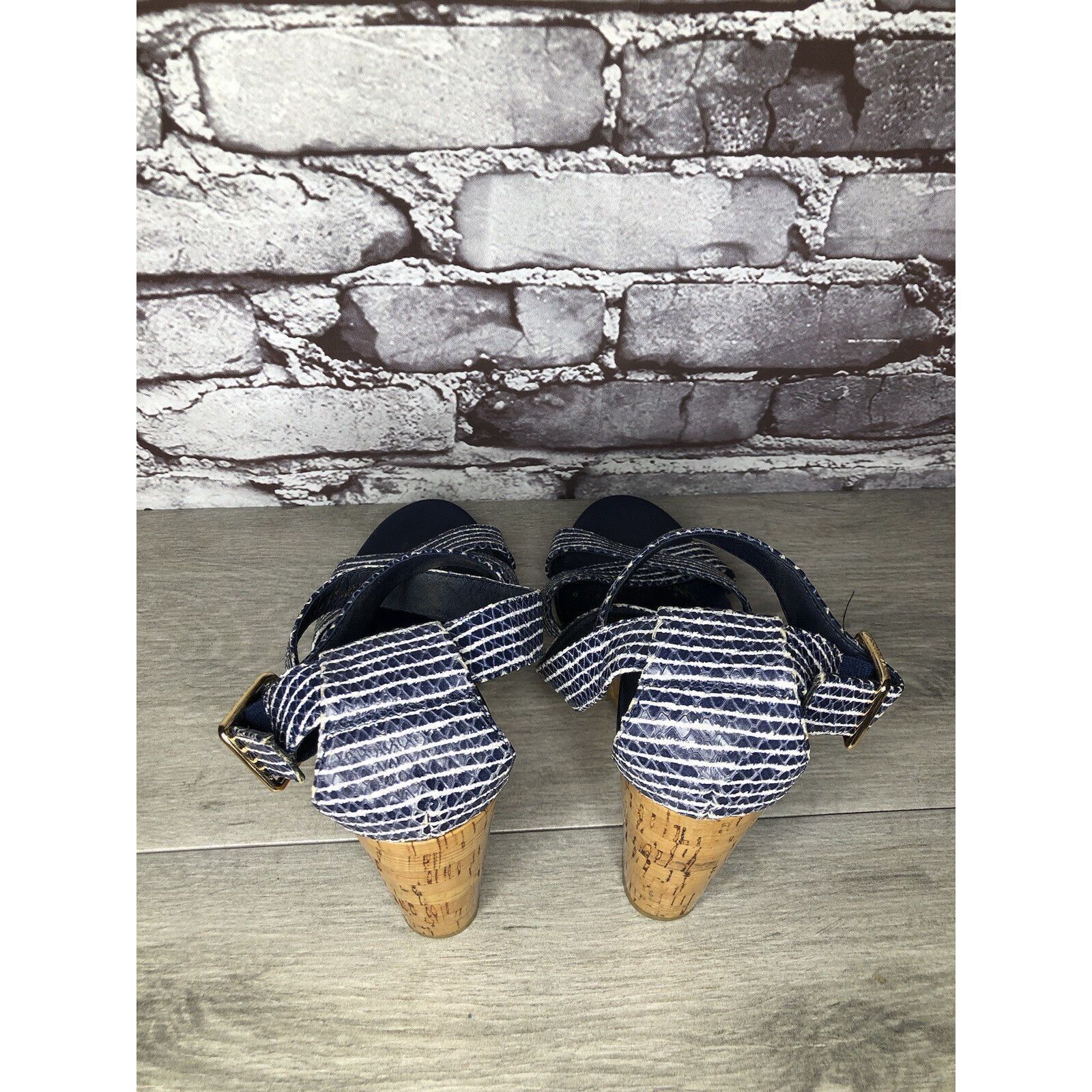 Cole Haan Cole Haan Grand OS Blue White Stripe Leather Cork Wedge Sand Size US 7.5 / IT 37.5 - 4 Thumbnail