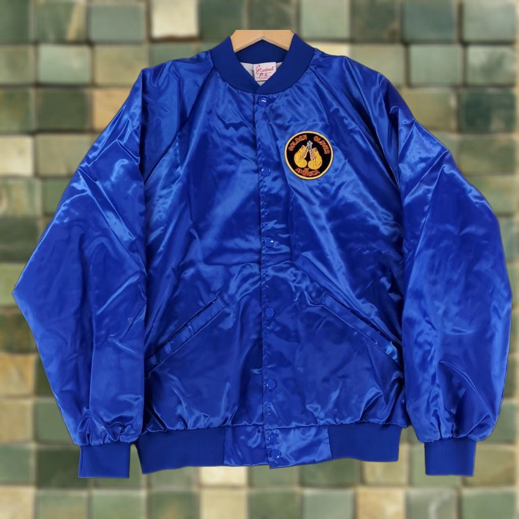 VINTAGE Cardinal Satin Bomber Jacket Blue XL Mens Golden Gloves Boxing 70s Satin Nylon Jacket