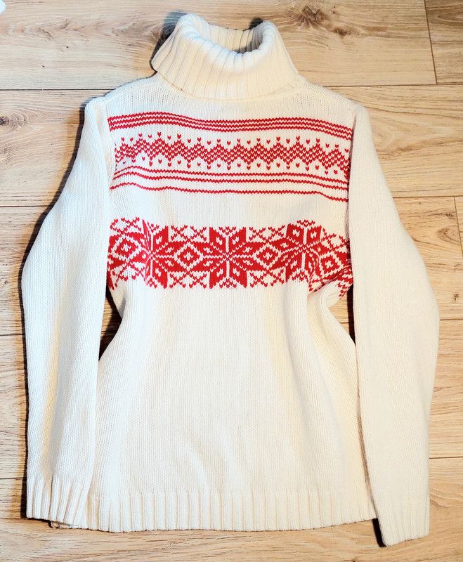 Image of Vintage 100% Wool Sweater Turtleneck Ecru Red Thick Weave Luxury, Women's (Size Large)