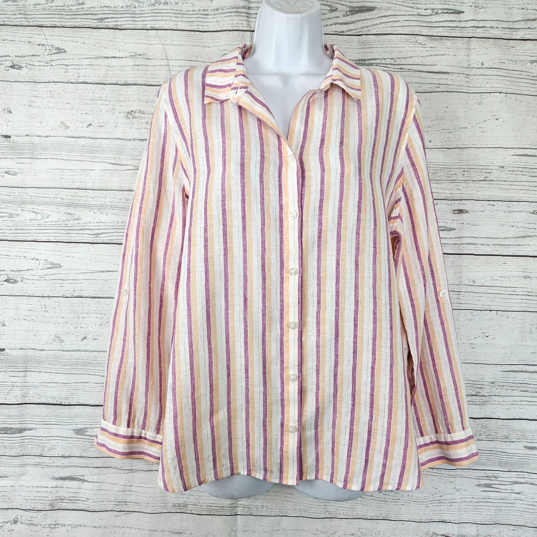 Vintage Chico's Womens No Iron Linen Button Front Shirt Sz 10 Purple Stripe Shirt Womens 10 Long Sleeve Collared Linen Button-Up Boys? Size L / US 10 / IT 46 - 2 Thumbnail