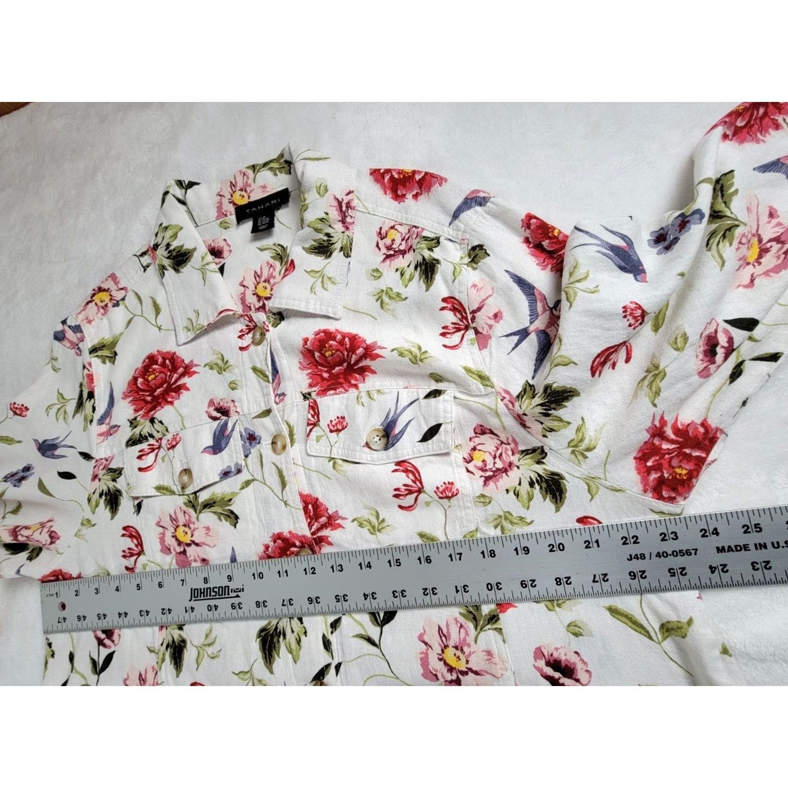 Vintage Tahari Women Button Up Shirt Jacket 1X White Floral Linen Blend Pockets Button Up Long Sleeve Casual Shirt Jacket Womens Size XL / US 12-14 / IT 48-50 - 6 Thumbnail