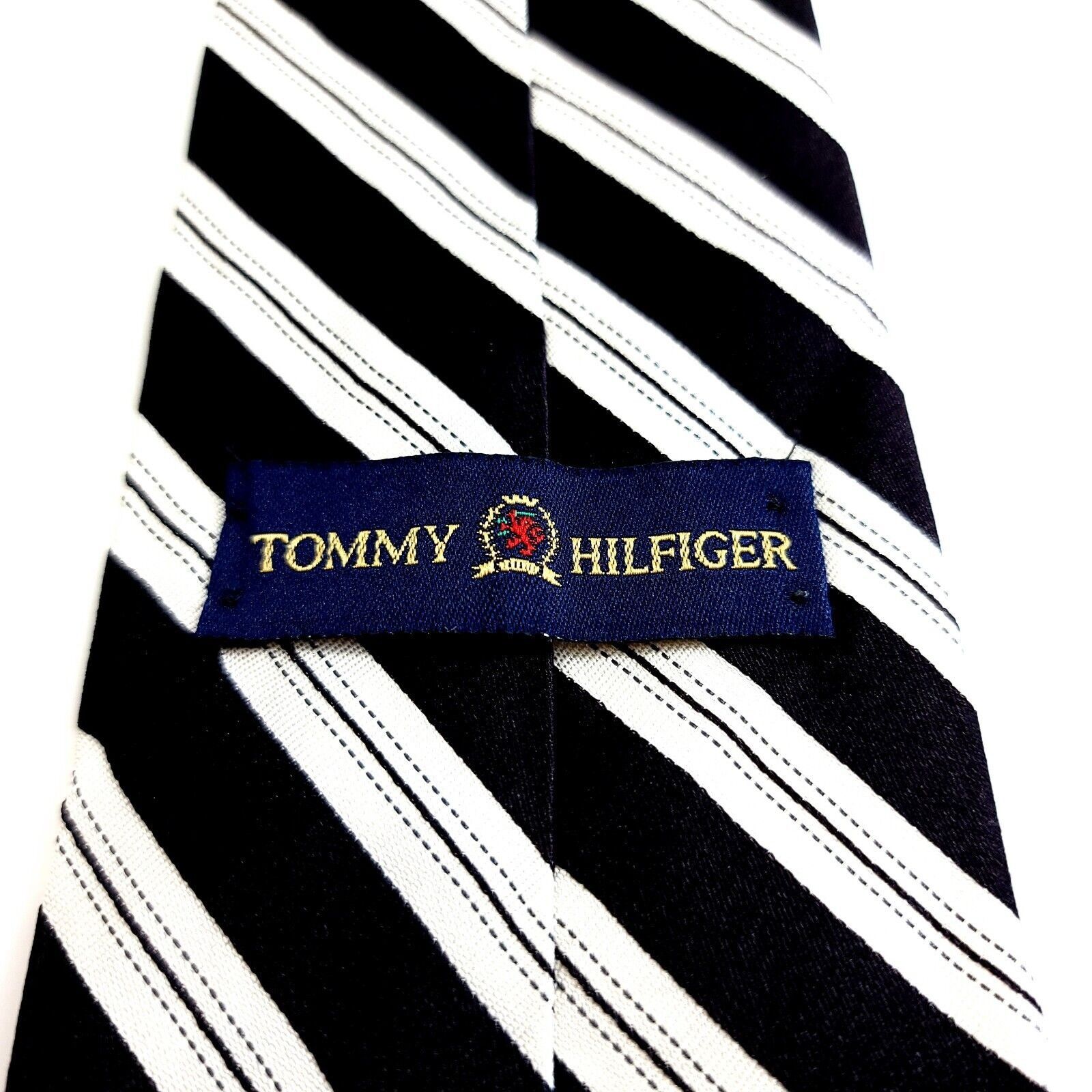 Tommy Hilfiger Tommy Hilfiger Black Cream Striped Woven Short Silk Tie Size ONE SIZE - 3 Thumbnail