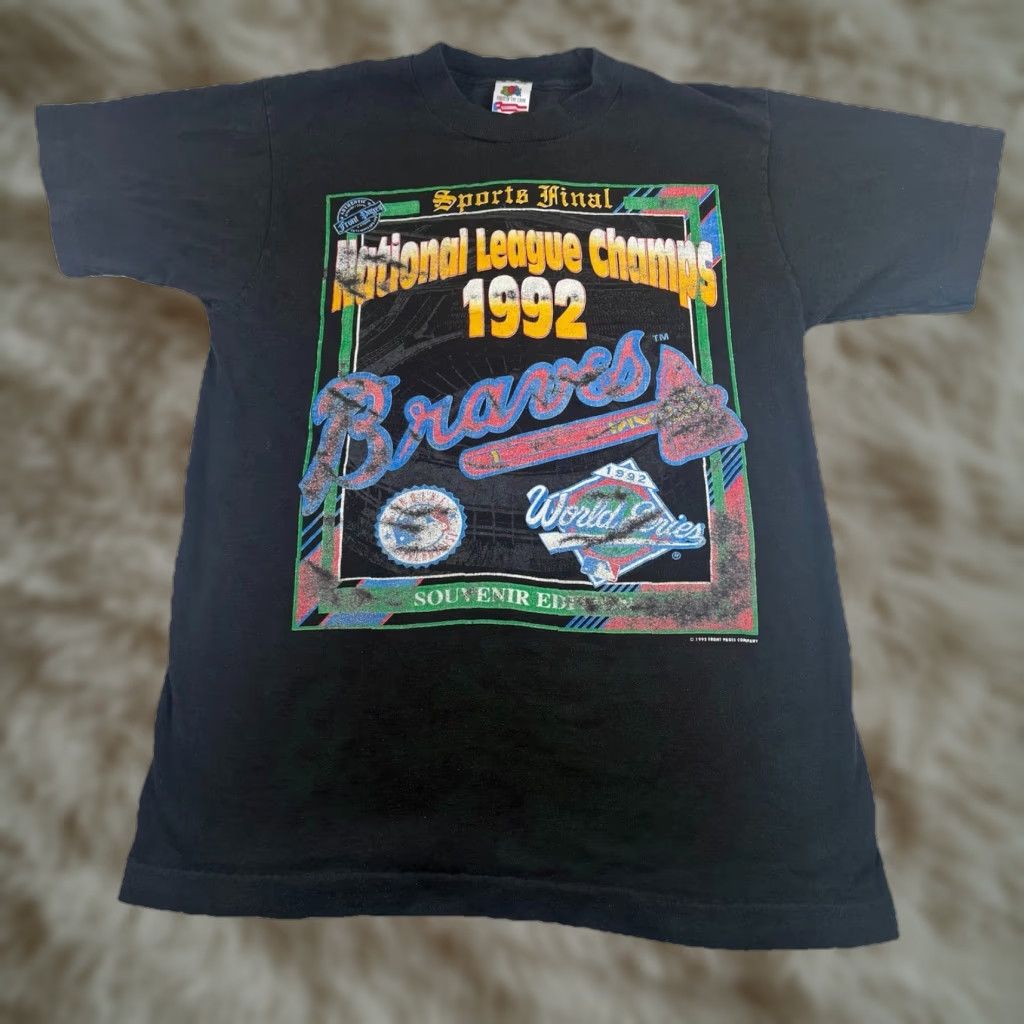 VINTAGE Atlanta Braves World Series Tee M Fruit of the Loom USA 1990s Black Cotton Graphic Tee Mens XL MLB Baseball Commons