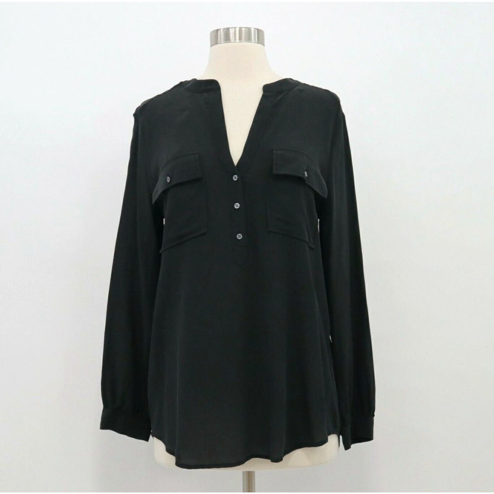 Image of Joie Blouse Button-Up Shirt Top Silk Womens Xs Black Pauline Split Neck Oversize in White