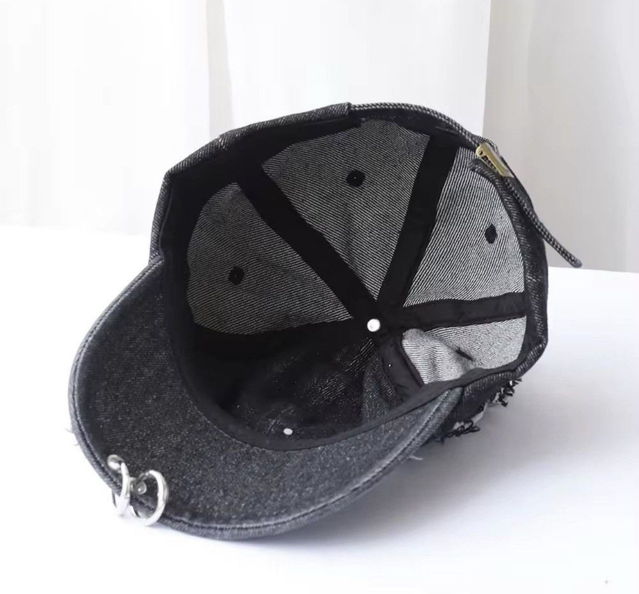 Japanese Brand Rabbit Ears Metal Ring Ripped Denim Baseball Cap Size ONE SIZE - 8 Thumbnail