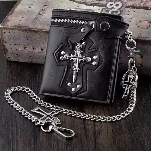 Other Cross Clasp Leather Wallet with Antique Biker Chain Size ONE SIZE - 1 Thumbnail