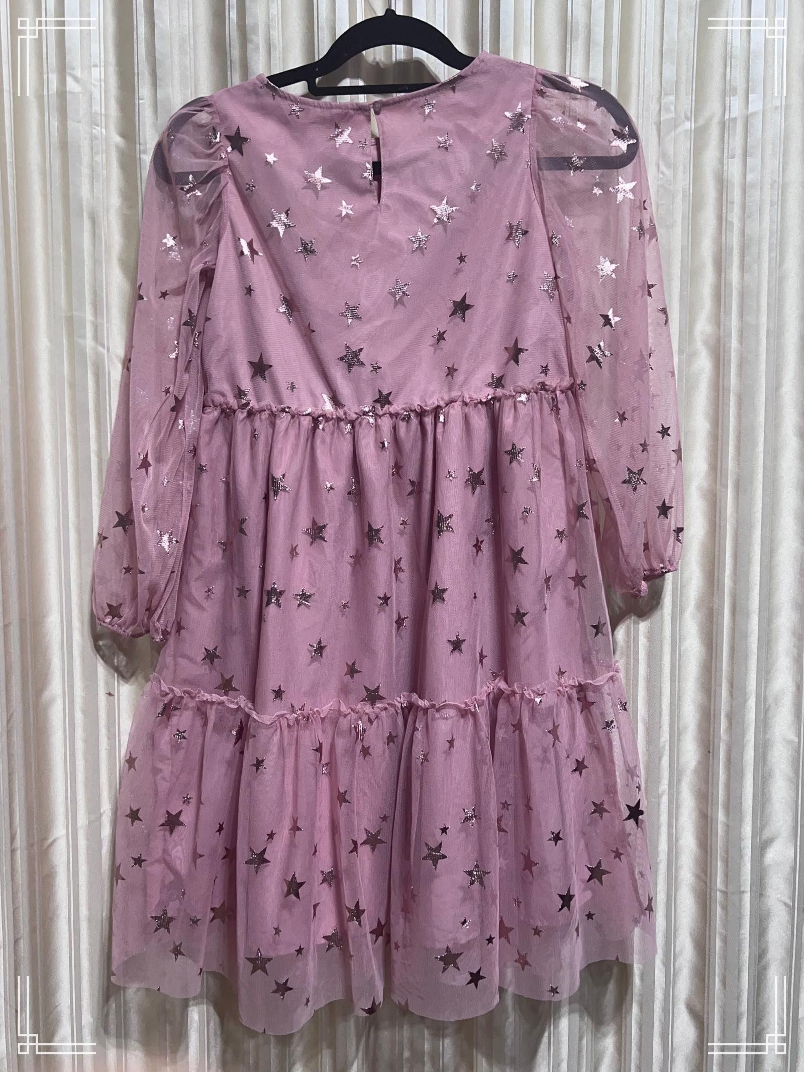 Designer H&M Girls Pink Mesh Star Print Dress with Puffy Sleeves Size XXS / US 00 / IT 34 - 4 Thumbnail