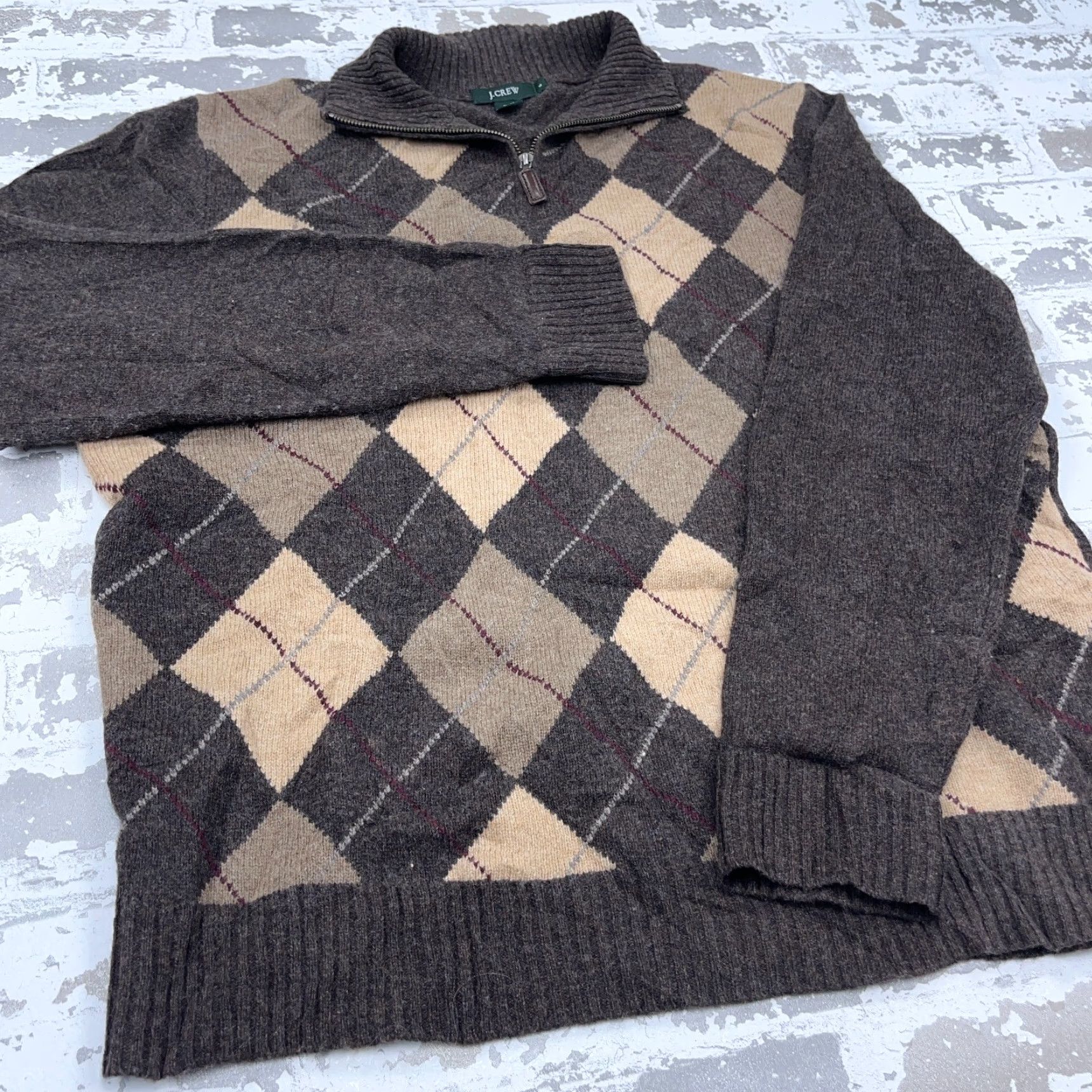 J.Crew J.CREW Sweater Men Large Brown Tan Pullover Wool Knit Diamond 1/4 Zip Size US XL / EU 56 / 4 - 5 Thumbnail