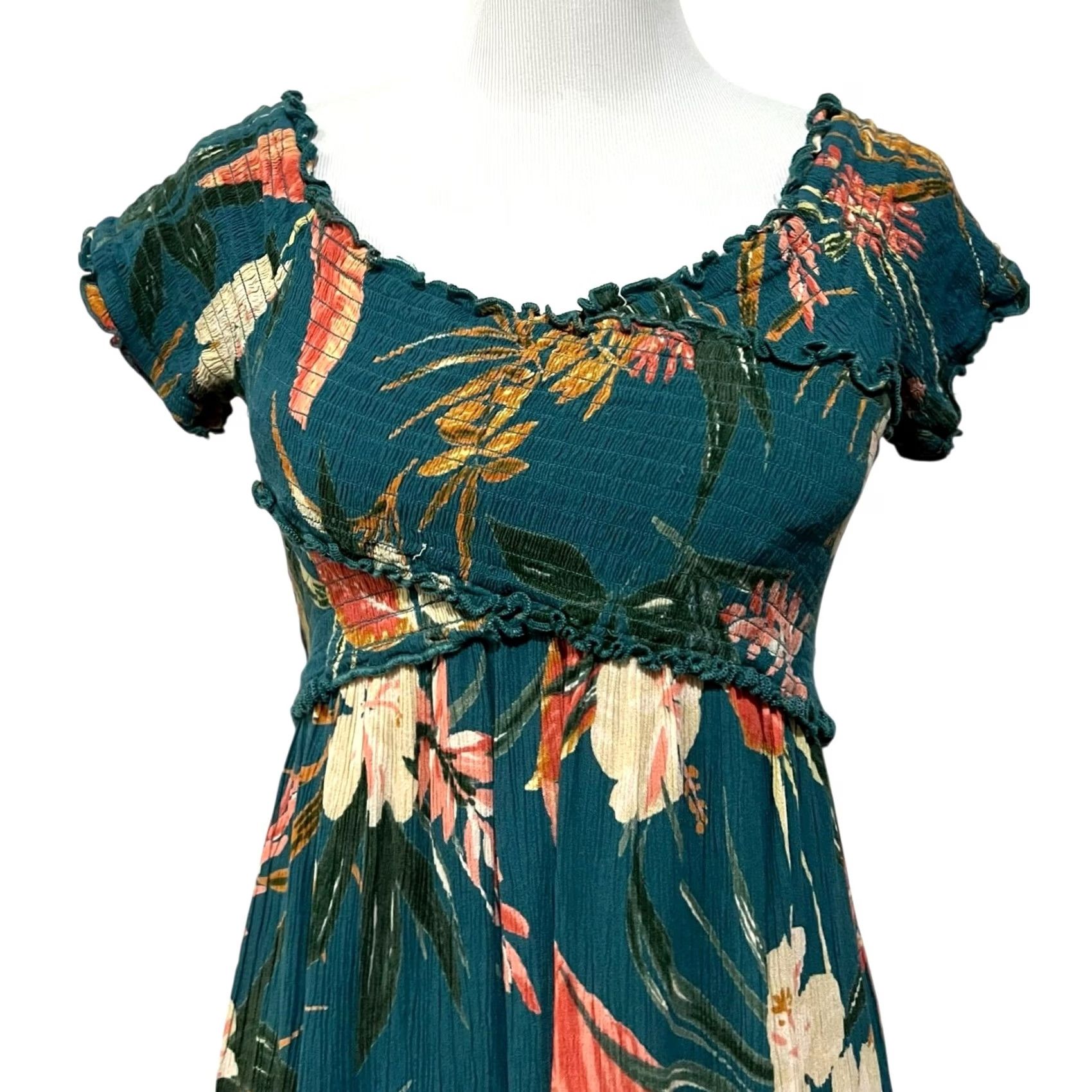 Vintage Patrons of Peace Dress Floral Mini Tropical Green Short Sleeve Smocked Sz Large Size 36" / US 14 / IT 50 - 3 Thumbnail