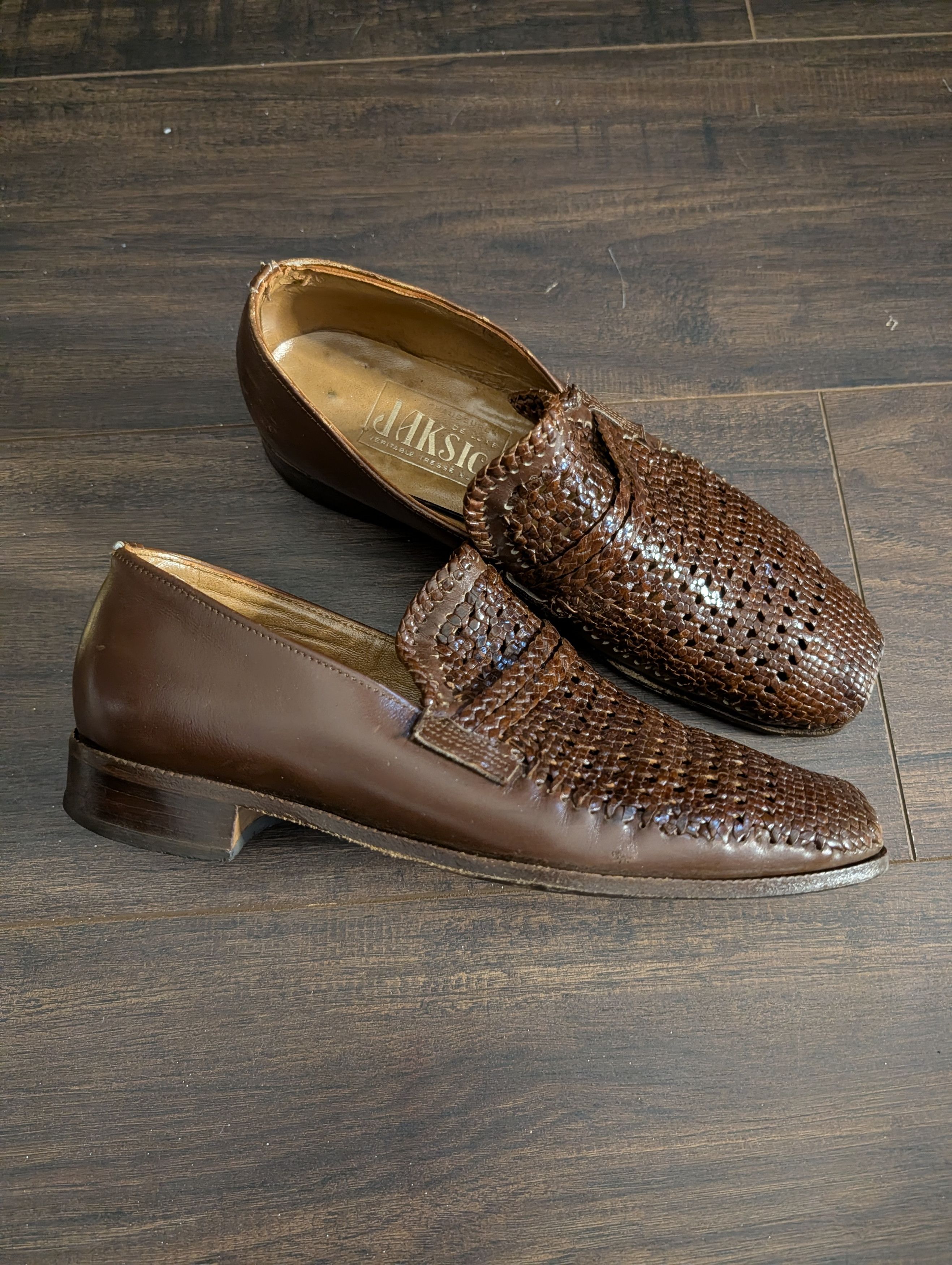 French VTG Hand-braided handmade leather loafers