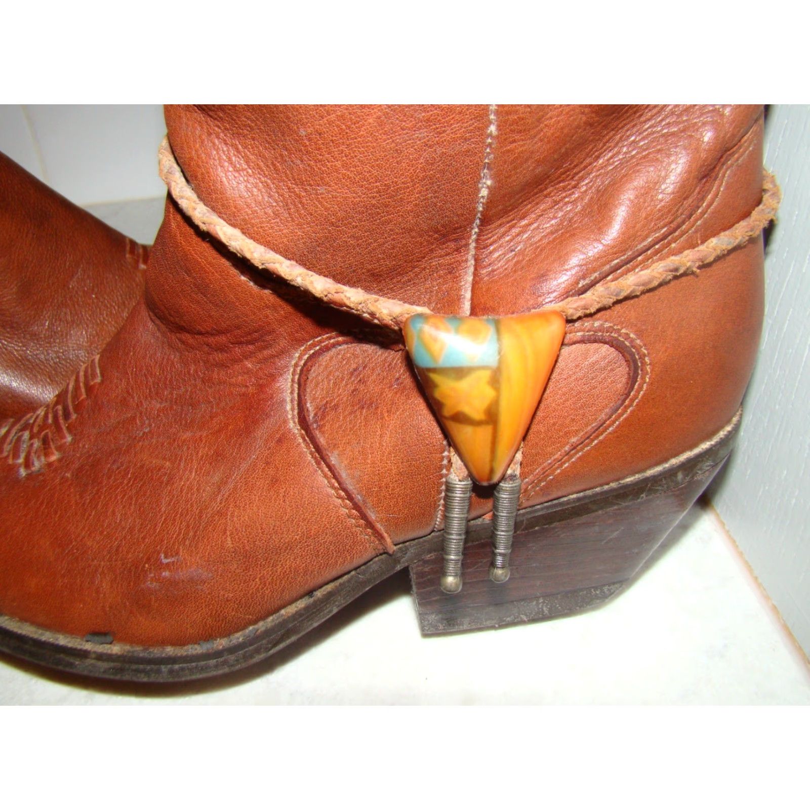 Vintage VINTAGE Zodiac Boots Western Slouch Bolo Tie Toe Cap Brown Leather Women Medium 9M Size ONE SIZE - 2 Thumbnail