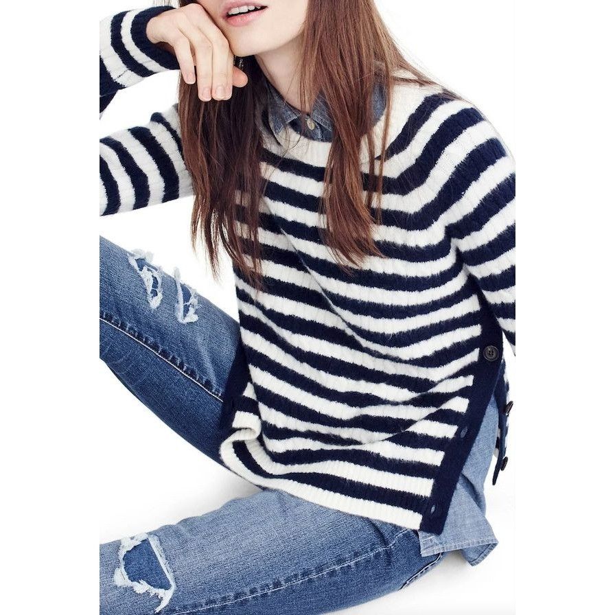 J.Crew J. Crew Navy & Ivory Striped Button Side Sweater Size M / US 6-8 / IT 42-44 - 1 Thumbnail