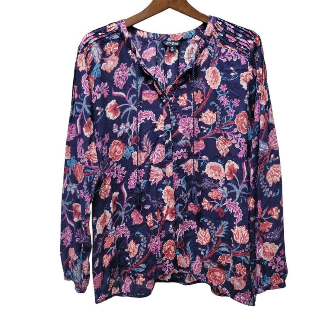 Lucky Brand Lucky Brand Sz XL Top Blouse Shirt Blue Floral Print Tassel Size XL / US 12-14 / IT 48-50 - 1 Thumbnail
