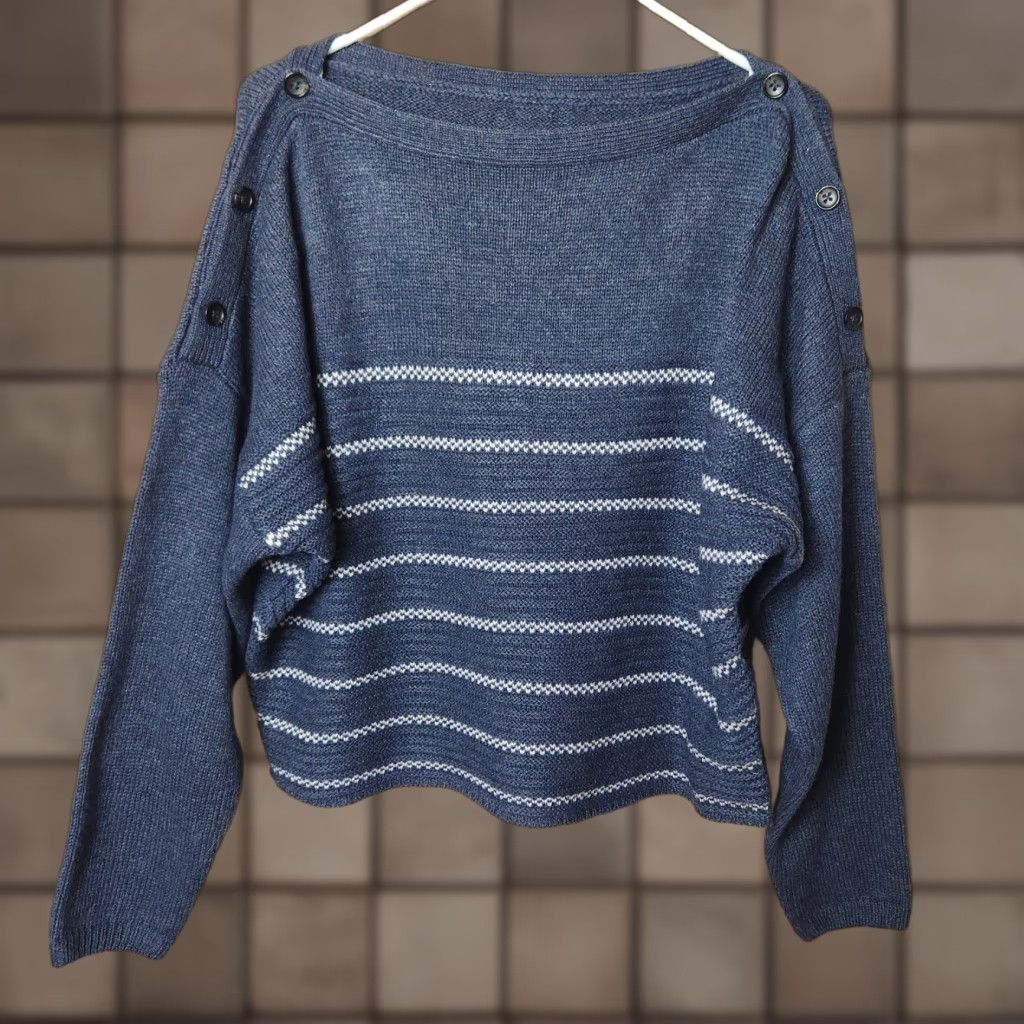 Prana VINTAGE PrAna Phono Wool Blend Sweater Blue w/Cream Birdseye Stripe Button Detail-Size L Size L / US 10 / IT 46 - 1 Thumbnail