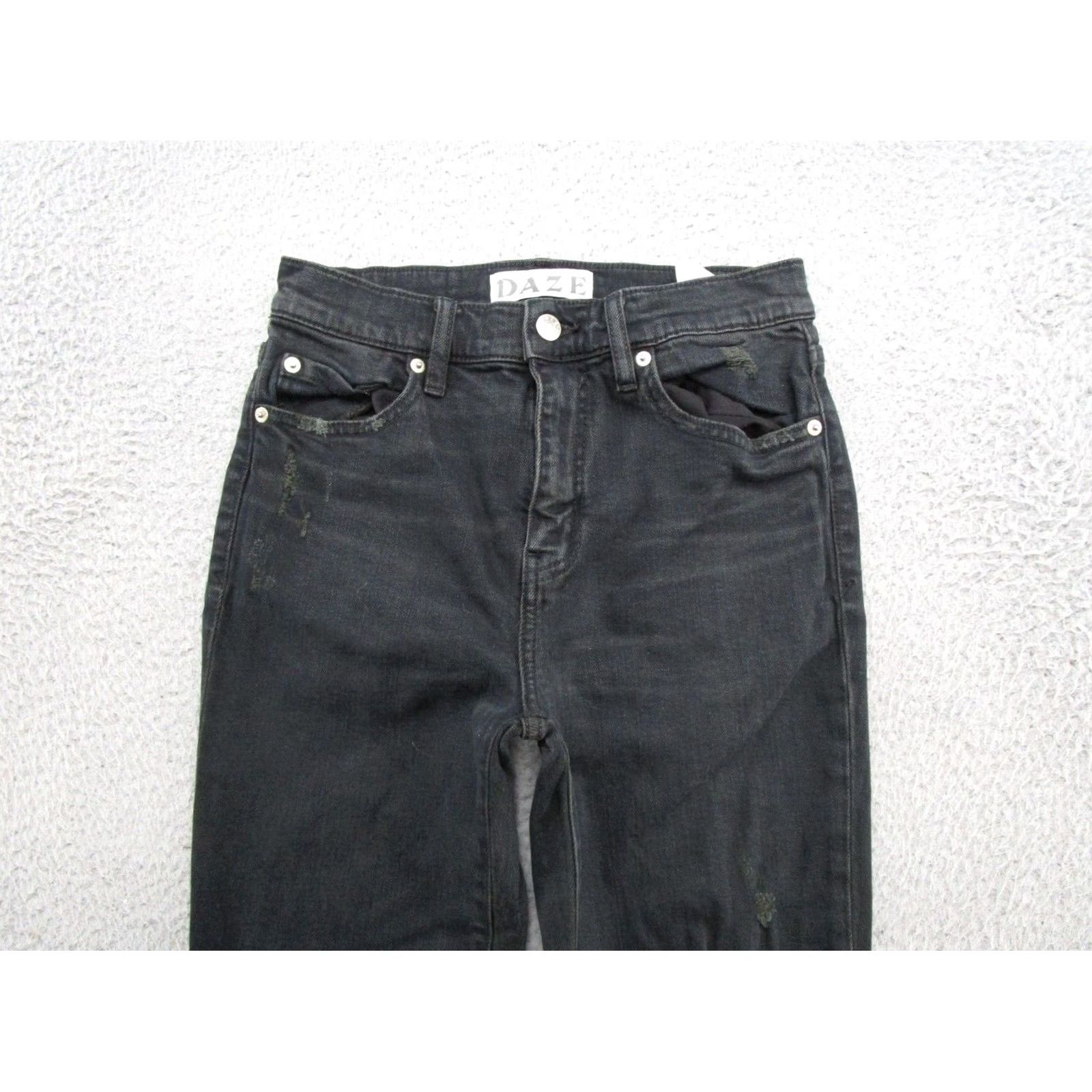 Denime DAZE Jeans Women Black Stretch Distressed Denim Size 25 Bootcut Raw Hem Size 42" / US 20 - 3 Thumbnail