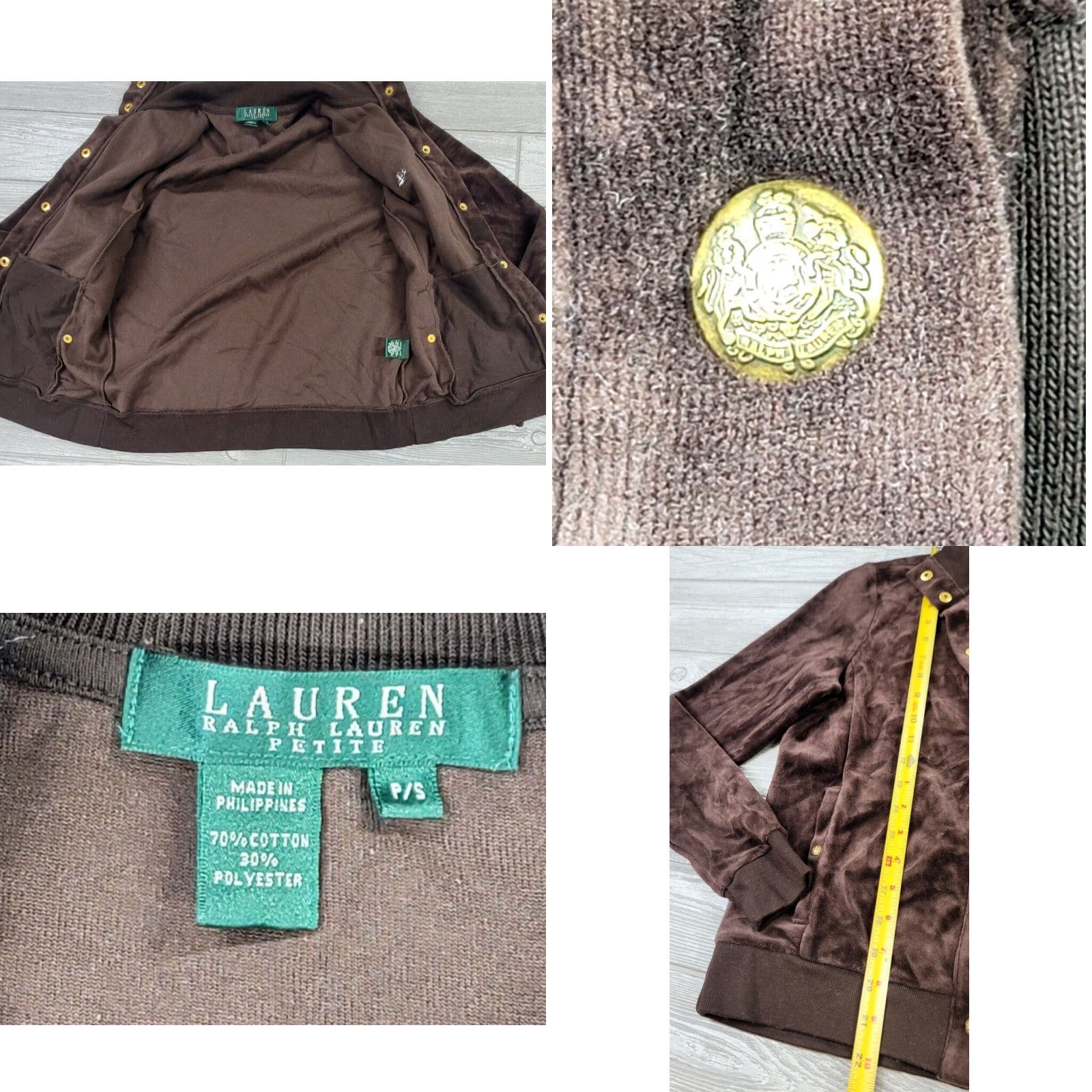 Ralph Lauren VINTAGE Lauren Ralph Lauren P/S Velour Track Jacket Brown Gold Snaps Button Mock Neck Size S / US 4 / IT 40 - 8 Thumbnail