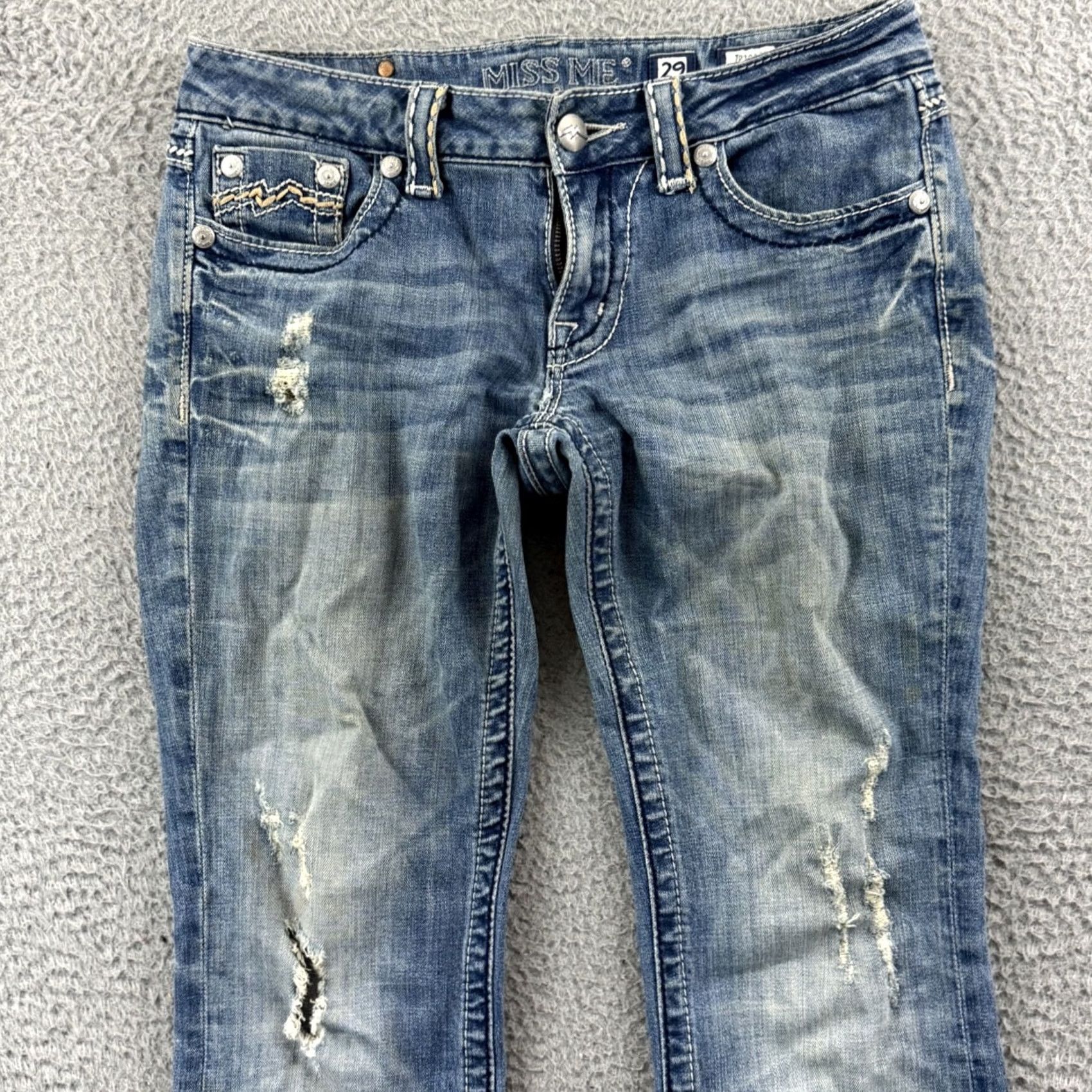 Miss Me Miss Me Jeans Womens 29 Blue Mid Rise Distressed Embellished Bootcut Cowboy Pattern Western 33in Inseam Size 29" - 3 Thumbnail