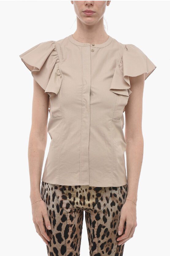 image of Chloe Ruffled Sleeve Cotton Shirt With Concealed Closure in Beige, Women's (Size Medium)