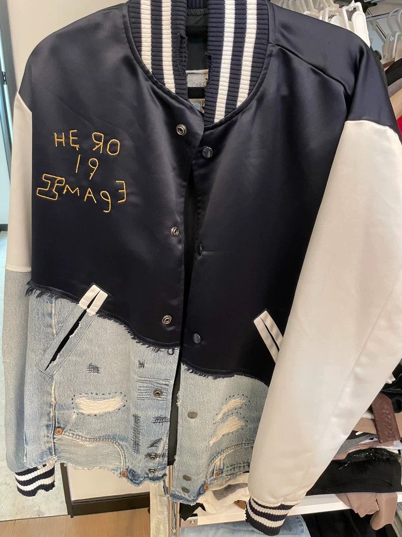 Greg Lauren Satin Denim Patchwork Bomber Jacket- dmc