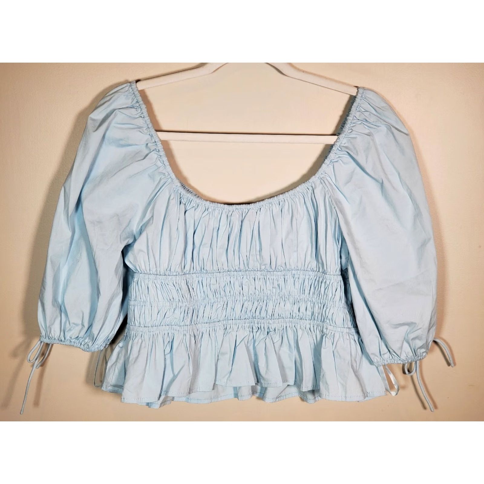 Staud STAUD Faye Smocked Ruffle Blouse Cotton Blend Winter Sky Blue Women's 10 (M) Regular Puff Sleeve Cropped Square Neck Blouse Size L / US 10 / IT 46 - 7 Thumbnail
