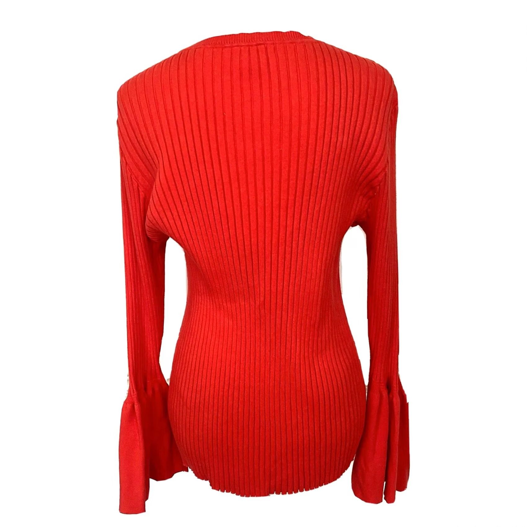 Vintage Cabi Cardigan Sweater Ribbed Bell Long Sleeve Hibiscus Red Coral 5285 S Women Cardigan 70% Cotton 40% Nylon Size S / US 4 / IT 40 - 6 Thumbnail