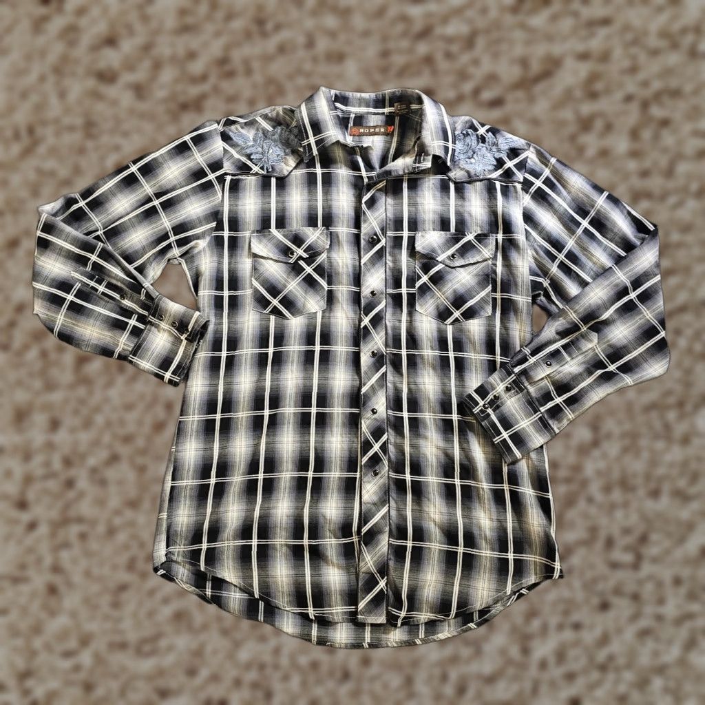 Roper Roper Shirt Mens L Black Plaid Gray Floral Embroidery Pearl Snap Western Shirt Size US L / EU 52-54 / 3 - 1 Thumbnail