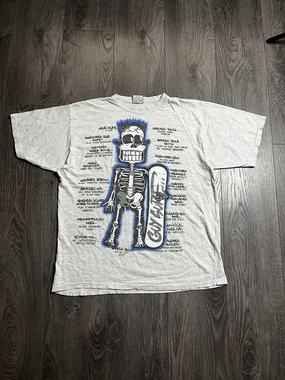 Vintage 90s French Spirit Archive Snowboard Skeleton Anatomy T-Shirt Size US L / EU 52-54 / 3 - 1 Thumbnail