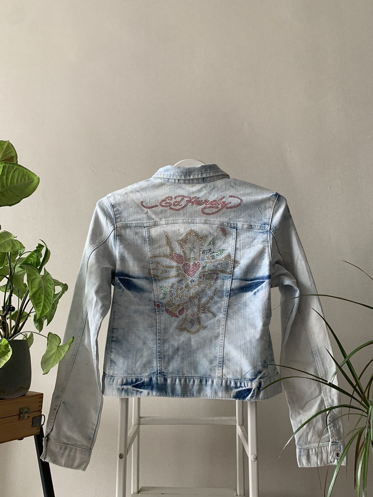 Affliction Y2K Ed Hardy Vintage Rhinestone Washed Denim Cropped Jacket Size S / US 4 / IT 40 - 1 Thumbnail