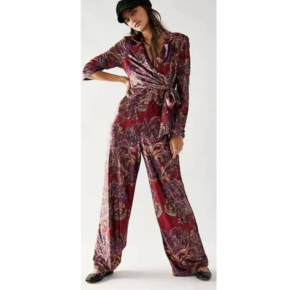 Free People New Delphine Velvet Paisley Floral Jumpsuit $178 MEDIUM Wine Size 32" / US 10 / IT 46 - 2 Thumbnail