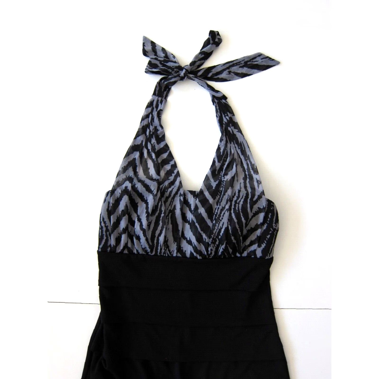 Vintage En Focus Studio Stretch Black Zebra Print Ruffle Bodycon Halter Dress 4 Size L / US 10 / IT 46 - 3 Thumbnail