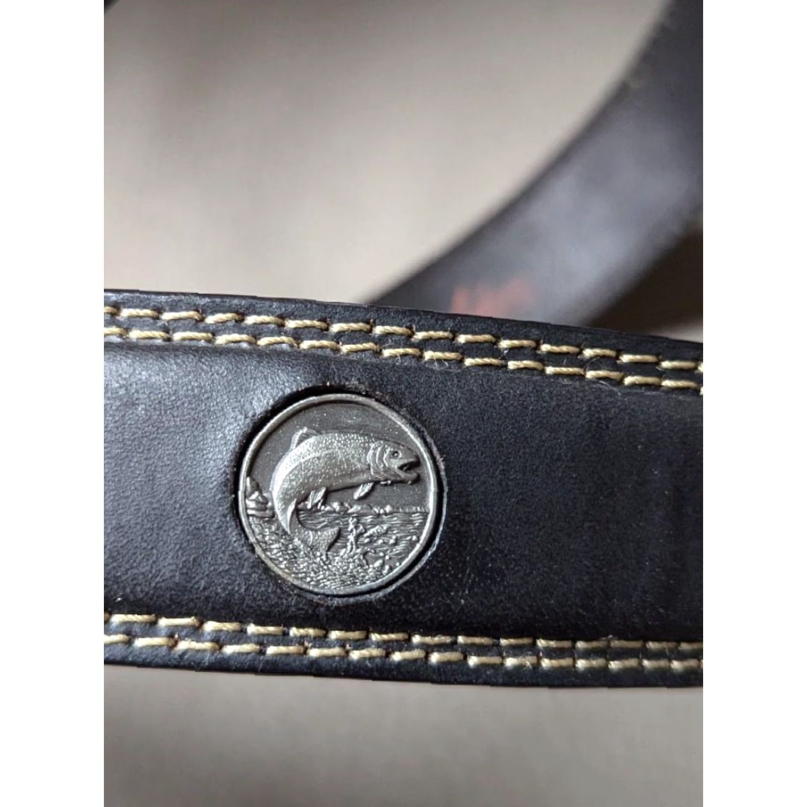 Vintage VINTAGE leather belt FISHING handcrafted 42 black Websters belt Mens 42 Fish Conchos Leather Bass Conchos Size 42 - 3 Thumbnail